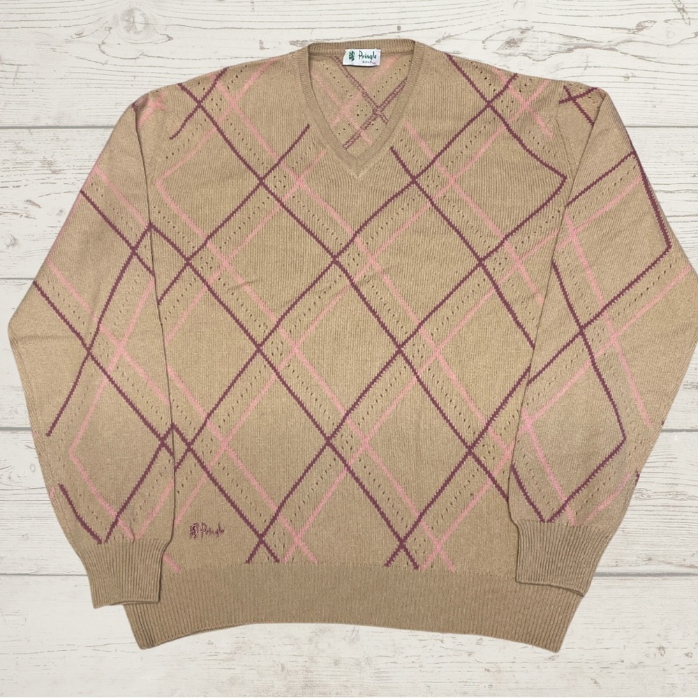 Pringle Golf V-neck Argyle Sweater 100% Lambswool - Made in Scotland - XL